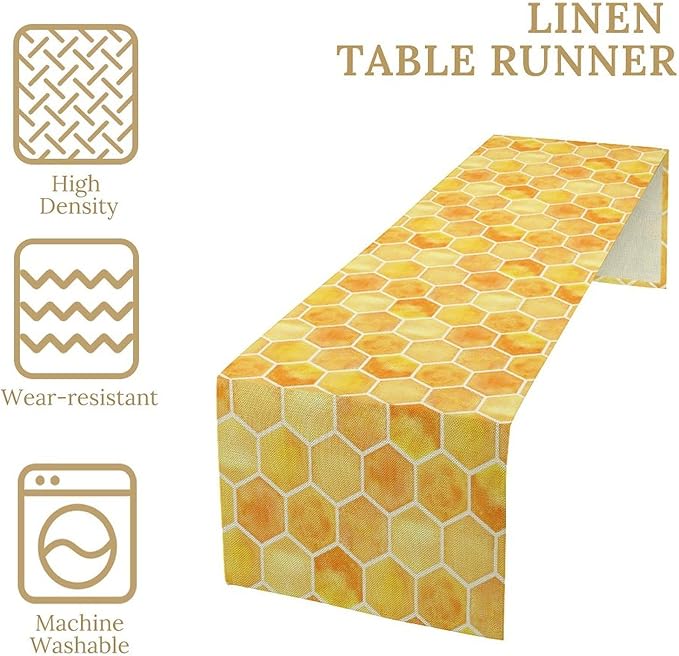 Honeycomb Bee Table Runner, Cute Abstract Geometric Yellow Honeycombs Print Table Cover for Kitchen Dining Table Indoor Outdoor Party Decor, 13x36inch