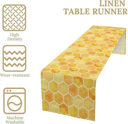 Honeycomb Bee Table Runner, Cute Abstract Geometric Yellow Honeycombs Print Table Cover for Kitchen Dining Table Indoor Outdoor Party Decor, 13x60inch