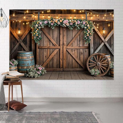 5x3ft Country Wedding Photography Backdrop Rustic Barn Door Photography Backdrop Farmhouse Pink Flower Cabin Wooden Birthday Baby Shower Wedding Bridal Party Banner Photo Booth Props Background