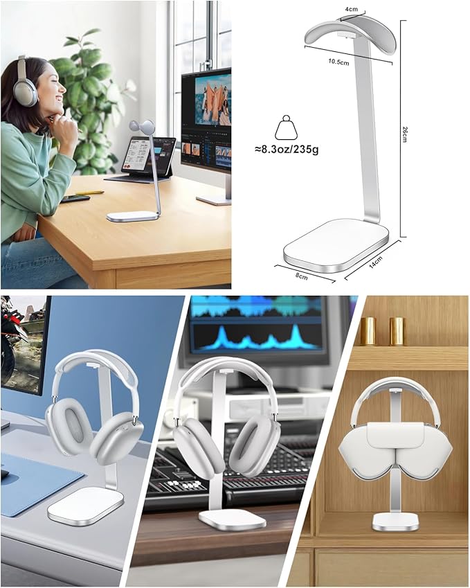 VICHYIE Headphone Stand for AirPods Max, Headset Holder with Aluminum Supporting Rod, Heavy Base Desk Stand Headphones Support Accessory for All Headphones - Silver White