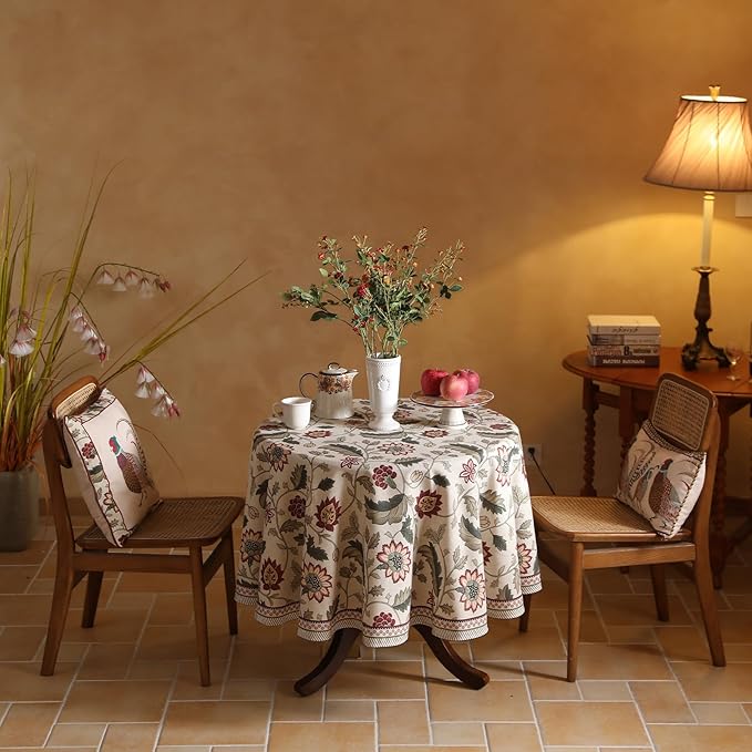 ISAENNE Designer Provence Floral Round Tablecloth,Linen Colorful Washable Indoor Table Cloth,Durable Home Decor Tablecloths for Dining Thanksgiving Kitchen Christmas,Diameter 67"-Ratina