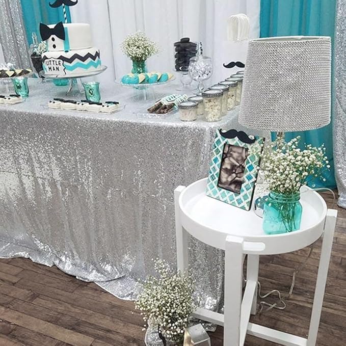 ShinyBeauty 2 Pack 72x72 Inch Silver Sequin Tablecloths - Elegant Square Glitter Tablecloth for Wedding, Birthday, and Party Decorations