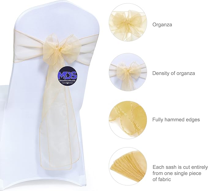 MDS Pack of 100 PCS Organza Chair Sashes Wider Dining Chair Bows Ribbon Tie Back for Wedding Party Birthday Bridal Shower Reception Event Banquet Home Chair Cover Decoration - Beige