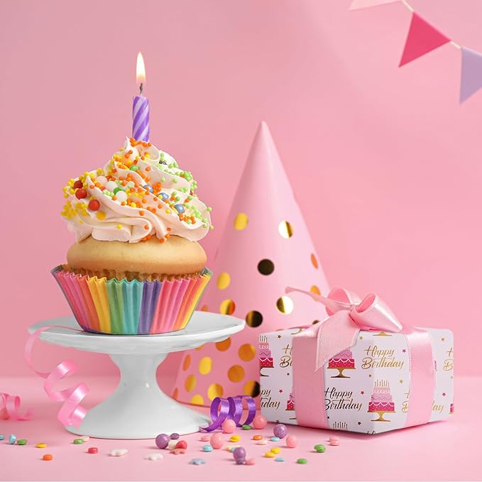 Aimyoo Pink Birthday Wrapping Paper Roll - 17 Inch X 16.4 Feet - Gold Foil Celebration Cake, Happy Birthday Lettering Design Gift Wrap for Kids, Baby Showers