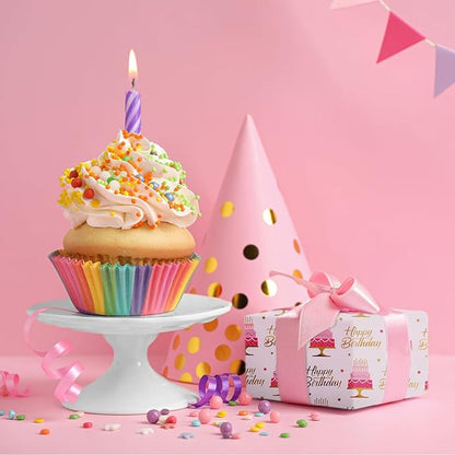 Aimyoo Pink Birthday Wrapping Paper Roll - 17 Inch X 16.4 Feet - Gold Foil Celebration Cake, Happy Birthday Lettering Design Gift Wrap for Kids, Baby Showers