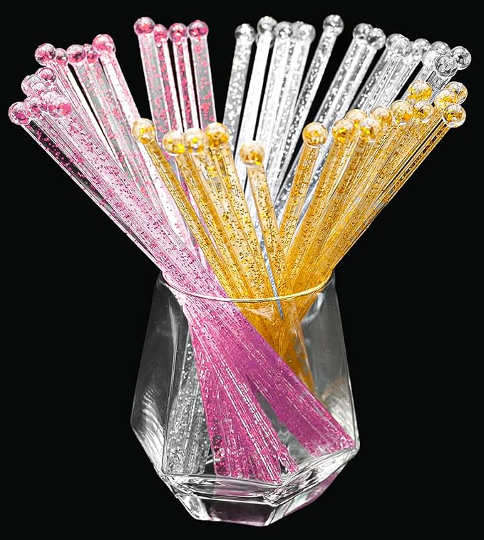100-PCS Gold Pink Silver Glitter Plastic Swizzle Sticks, Crystal Cake Pops, Cocktail Coffee Drink Stirrers, Stir Sticks for Christmas Party Wedding, 7.24 Inch