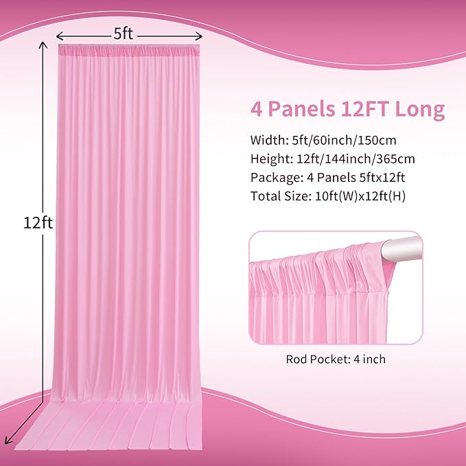 20×12ft Wrinkle Free Pink Backdrop Curtain for Wedding Parties, 4 Panels 5×12ft Long Soft Silky Polyester Backdrop Drapes Baby Pink Photo Back Drop Curtains for Party Photography Background Cloth
