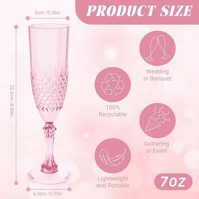 Plastic Champagne Flutes, 24PCS Pink Wine Glasses Goblets Cups Reusable Flute, for Weddings Bachelor Parties Toasting and Events (24, Pink)