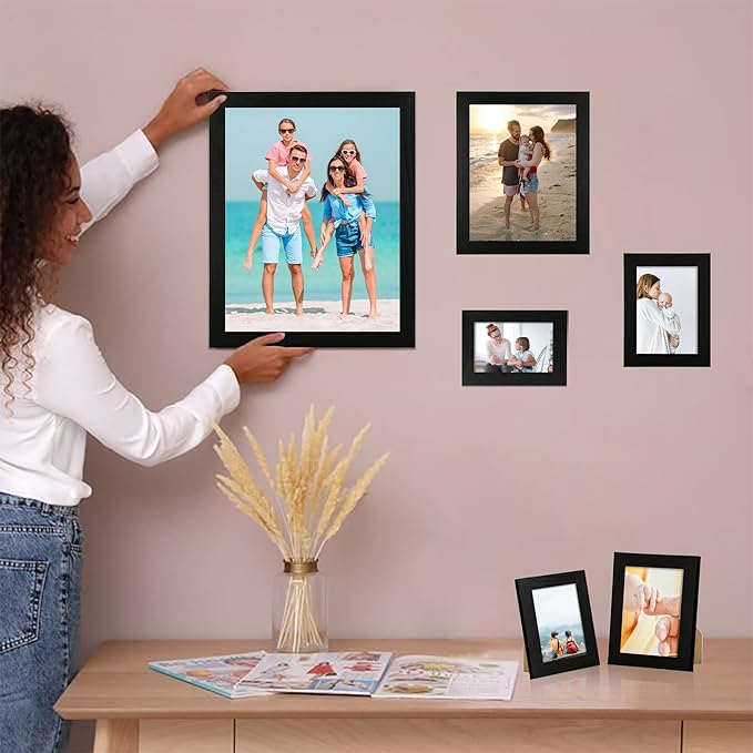 8x10 Picture Frame Set of 4, Black Wooden Frame with High Definition Glass, 8 x 10 Photo Frames for Tabletop Display and Wall Mounting