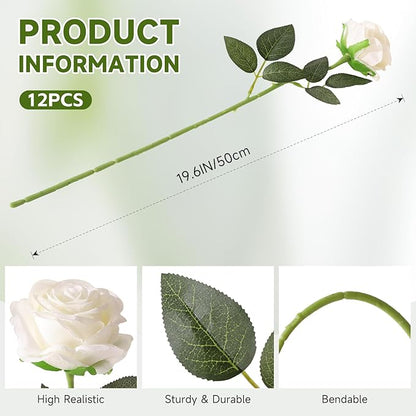 Tifuly White Roses Artificial Flowers -12 pcs Realistic Single Long Stem Fake Silk Roses Bouquet for Party Home Wedding Centerpiece Office DIY Decor（Off White）