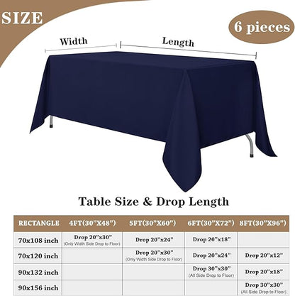 Fitable Navy Rectangle Table Clothes, 6 Pack - 90 x 156 Inch - Reusable and Washable Tablecloths, Polyester Fabric Table Covers for Wedding, Party, Banquet, Formal Events