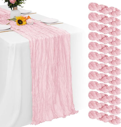Aktor 12 Pack Pink Table Runner Boho Cheesecloth Table Runner Semi Sheer Gauze Fabric Runners for Wedding Birthday Baby Shower Party Boho Table Decoration（Pink）