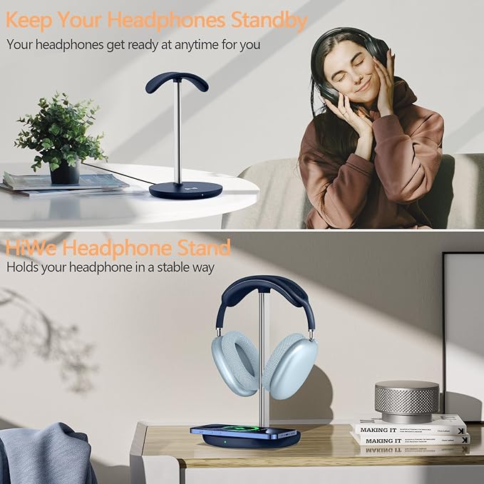 Headphone Stand with Wireless Charger, Gaming Headset Holder Hanger Rack 2 in 1 Wireless Charging Station Dock for iPhone 15/14/13/12/11 Series, Samsung, AirPods Pro/3/2, Aluminum Alloy Rod, Navy Blue