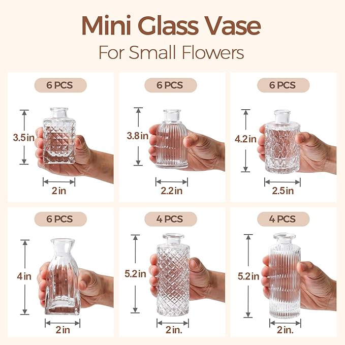 ComSaf Glass Bud Vases Set of 32, Small Clear Bud Vases in Bulk, Mini Flowers Vases for Centerpieces, Vintage Bottle Set for Table Decorations, Wedding Decor, Recepetion, Home, (Clear)