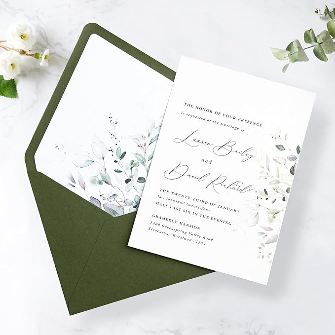 PONATIA 50PCS A7 Euro Flap Envelope, 5.25 x 7.25'' Olive Green Flowers Liner Envelopes for Wedding Invitations, Photos, Postcards, Greeting Cards, Christmas Gift, Acrylic Mailing, 5 x 7 Envelopes