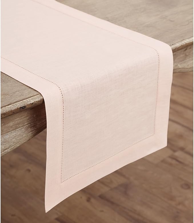 Solino Home Linen Pink Table Runner 132 Inches Long - 100% Pure Linen Extra Long Table Runner 14 x 132 Inch for Halloween - Classic Hemstitch