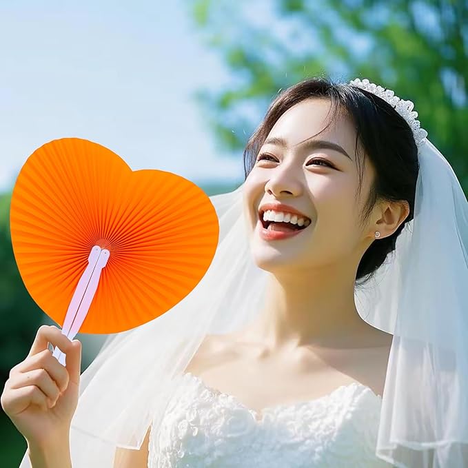 12 Packs Decorative Paper Folding Hand Fans Handheld,Orange Heart Foldable Wedding Fans Chinese and Japanese Fans Bulk for Bridal Guest Church Party Favors Dancing Birthday DIY