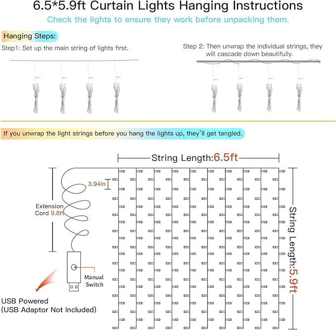 suddus Curtain Lights, 180 Led 6.5 * 5.9ft Sunset Curtain Fairy Lights USB, Hanging Lights for Bedroom, Backdrop, Room Decor, Wall, Window, Party, Tapestry, Multicolor