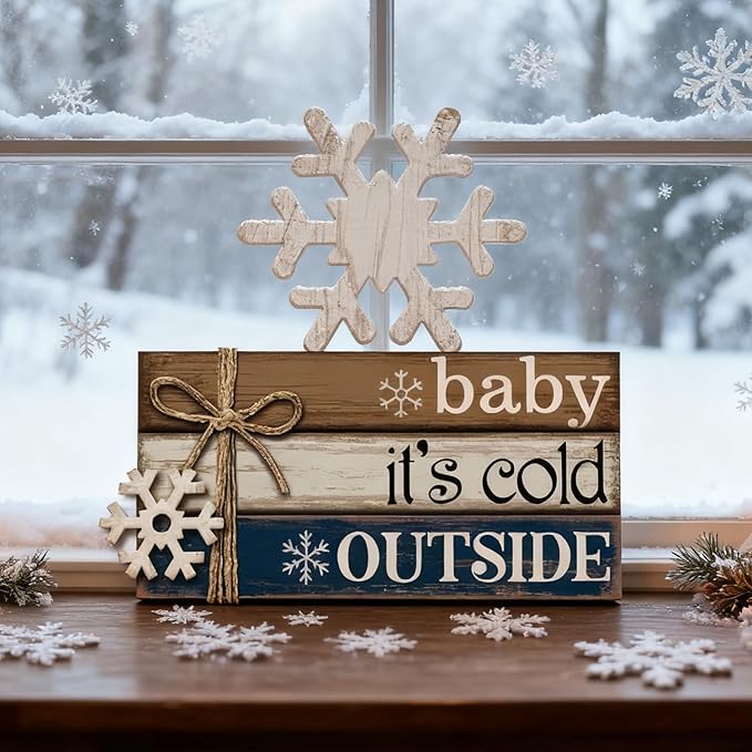 4 Pcs Winter Christmas Decor Winter Table Decorations Christmas Tiered Tray Decor Centerpiece Decorations Indoor Rustic Wooden Snowflake Block Sign Gift Farmhouse for Home Kitchen Shelf