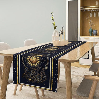 Sun Moon Table Runner, Seasonal Golden Sun Moon Holiday Kitchen Dining Table Runner for Kitchen Living Room Home Party Decor 13x60 Inch