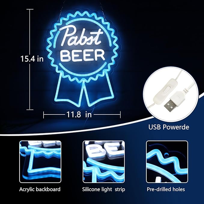 Pabst Beer Neon Signs for Wall Decor，LED Neon Lights Suitable for Man Cave Bar Pub Restaurant Christmas Gift Art 5V Power Adapter, 12 * 15Inch(sky blue+white)