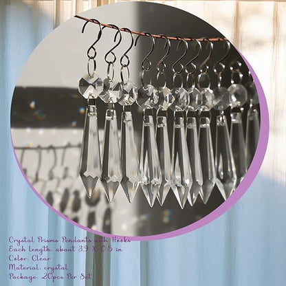 20PCS Clear Chandelier Icicle Crystal Prisms,55mm Chandelier Crystals Replacement,Crystals for Chandeliers with Hooks for Windows Wedding Lamp Decoration