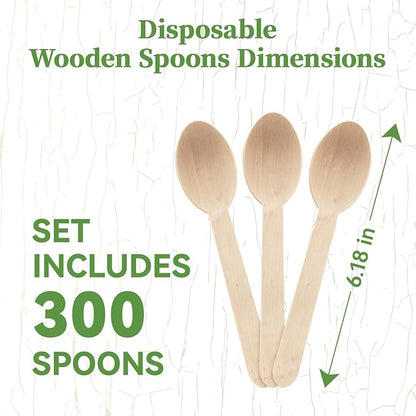 ECOLipak 300 Count Wooden Disposable Spoons, Compostable Wooden Spoons for Party, Camping, Traveling, Family Dinners