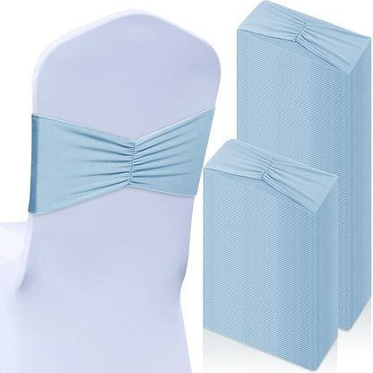 Moukeren 100 Pcs Spandex Chair Sashes Bows Bands Slider Sashes for Chair Covers Elastic Bands Ties Ribbon Decorations for Wedding Party Events Ceremony Birthday Banquet(Sky Blue)