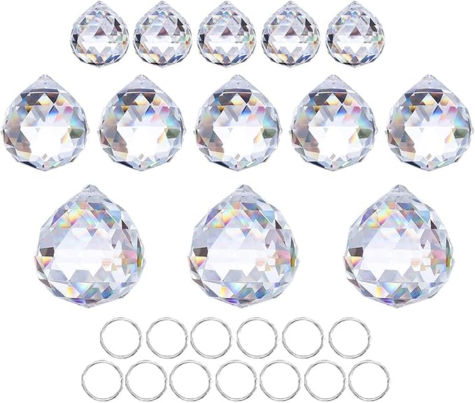 Crystalsuncatcher 20mm/30mm/40mm Clear Crystal Ball Prisms Chandelier Lamp Lighting Drops Hanging Prisms Parts Suncatcher Rainbow Maker Home Decor, Pack of 13