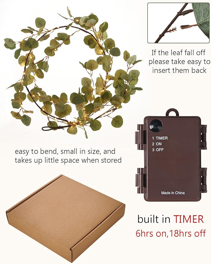 Fudios Lighted Twig Eucalyptus Garland 6FT 96 Warm White LED Battery Operated with Timer for Mantle Fireplace Wedding Party Spring Bedroom Decoration Indoor Outdoor Use