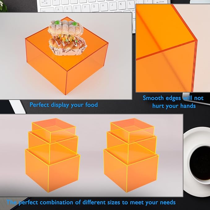 Orange Buffet Risers 3Pcs Acrylic Boxes Display Risers for Buffet Table Parties Weddings Catering Dessert (6''x7''x8'')
