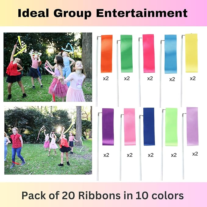 Ribbon Dancing Wands 20pcs Pack, Party Favor for Girls Birthday Party Supplies, Gymnastic Party Favors for Kids Outdoor Games (Mixed Color with White Handle, 20pcs set)