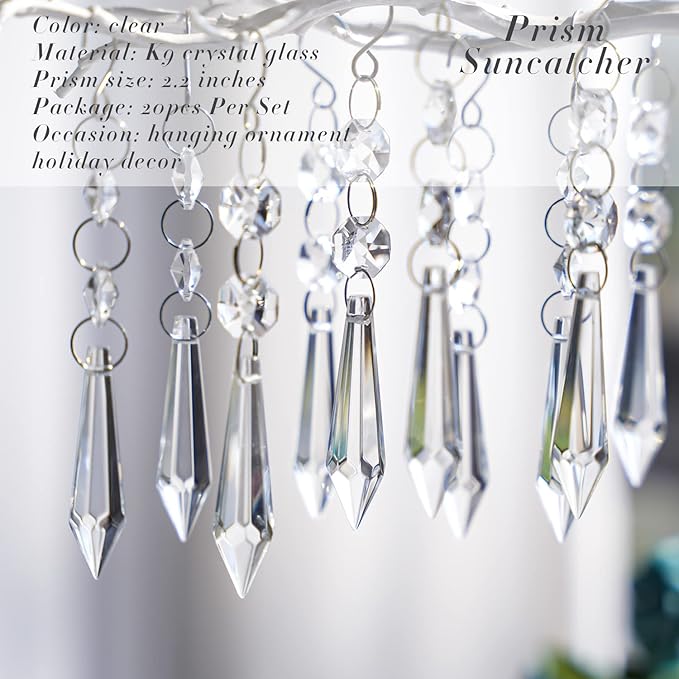 20pcs 55mm Chandelier Icicle Crystal Prism Suncatcher,Clear Chandelier Crystals Replacement,Crystals for Chandeliers with Hooks for Windows Wedding Lamp Decoration