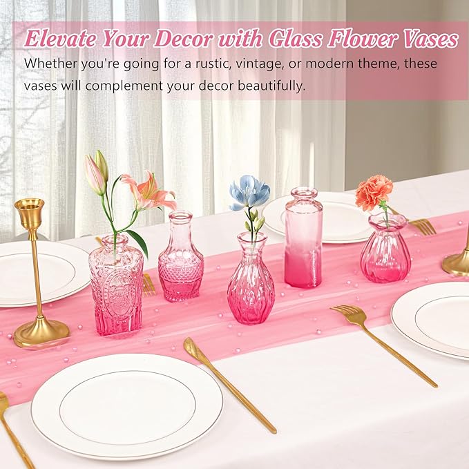 Set of 40 Glass Bud Vases, Small Pink Glass Vases in Bulk, Mini Vintage Embossed Flower Vase for Wedding, Centerpieces, Birthday Party, Baby Shower, Home Table Decorations (Pink)