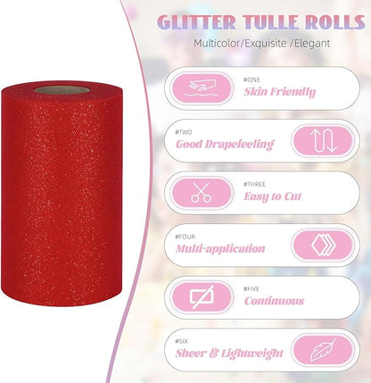 Glitter Tulle Rolls 6” by 50 Yards Sparkle Tulle Fabric Ribbon Sequin Tulle Netting Rolls for DIY Tutu Skirt Wedding Birthday Party Decoration (Red)