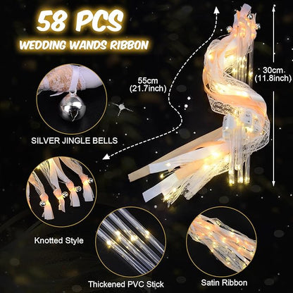58 PCS Wedding Wands with Lights,Fairy Wands, LED Silk Fairy Wand with Bells for Wedding Send Off, New Year, Raves, Concert, Birthday