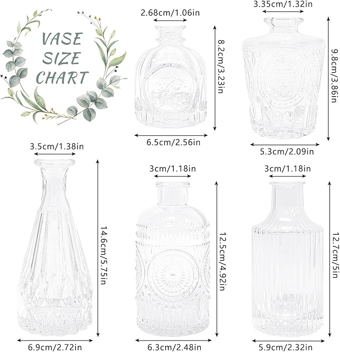 Glass Bud Vase Set of 5, Clear Small Flower Vases for Centerpieces in Bulk, Mini Vintage Vase for Rustic Wedding, Home,Table