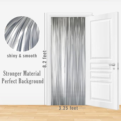 GOER 3.2 ft x 8.2 ft Metallic Tinsel Foil Fringe Curtains Party Photo Backdrop Party Streamers for Birthday,Graduation,New Year Eve Decorations Wedding Decor (3 Pcs,Matte Silver,Thick Material)