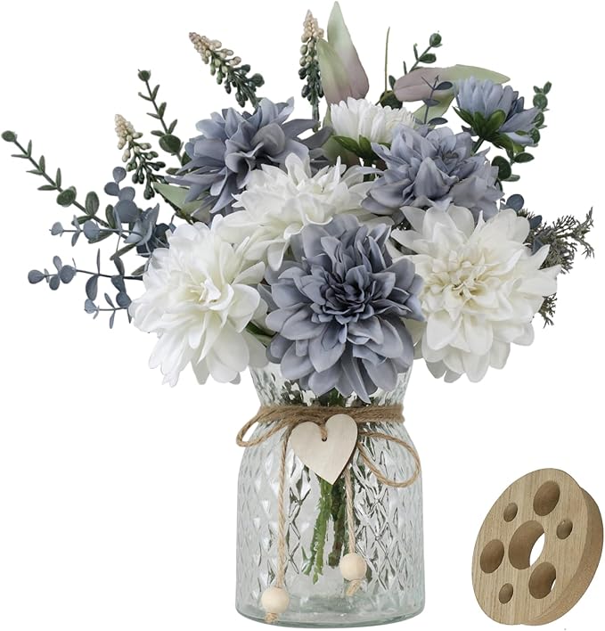 Fake Flowers with Vase,8 Dahlias, with a Flower Arrangement Holder,Silk Faux Dahlia Artificial Flowers in Vase,Centerpiece Table Decorations,Coffee Table Decor