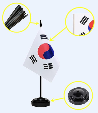 South Korea Korean Deluxe Desk Flag Set Small Mini Miniature South Korea Korean Table Desktop Flags With Solid Pole, Black Base and Spear Top(2 Pack)