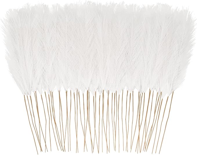 50pcs White Faux Pampas Grass Decor, 21.6" Short Artificial Pompous Grass Floral Fake Pompas Grass Branches Vase Filler Flower Arrangement for Home Wedding Boho Decor