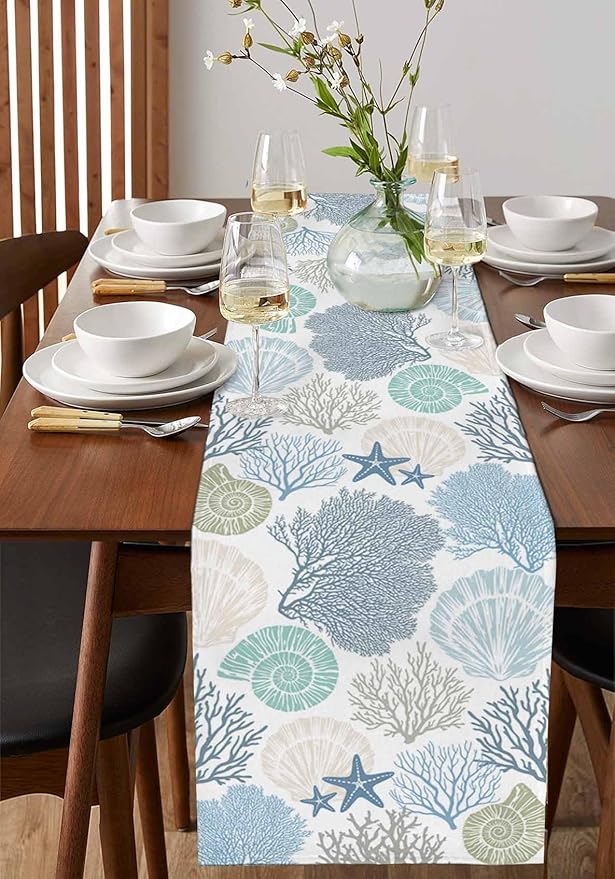 Coastal Coral Cotton Linen Table Runner for Dining Kitchen, Wedding Outdoor Party Tablerunners Decoration, Blue Nautical Starfish Ocean Shell Beach Dresser Scarf Coffee Tablecloth Runners 13''x120''