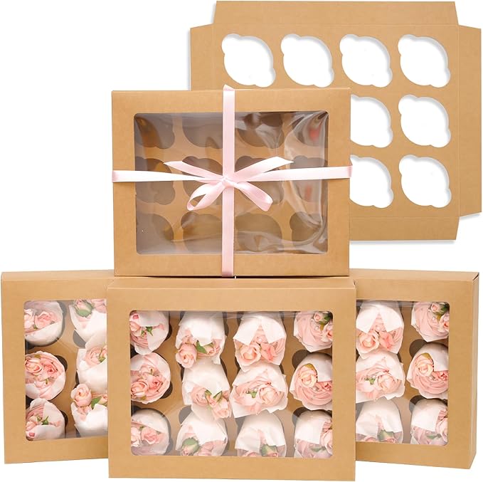 Bakepacker Auto-pop up 12 Cupcake Containers 6-Packs Brown Cupcakes Carrier, 12 Cupcake Boxes with Window 13"x10"x3.5"