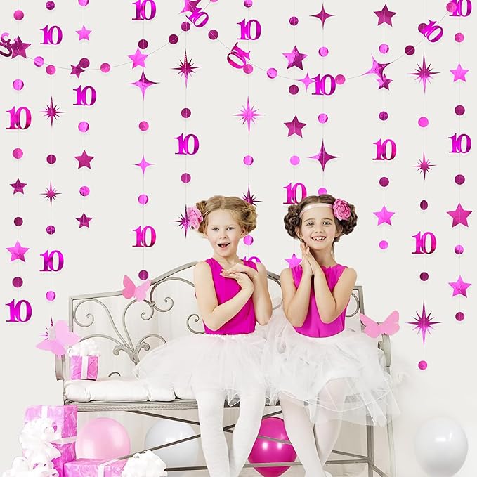 Hot Pink 10th Birthday Decorations Number 10 Circle Dot Twinkle Star Garland Metallic Hanging Streamer Banner Backdrop for Girls Double Digits Ten Year Old Birthday 10th Anniversary Party Supplies