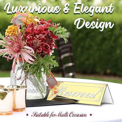 12 Pcs Mirrored Gold Reserved Table Signs, 6" x 2" Double-Sided Table Tent Sign with Suede Cleaning Cloth, Acrylic Reserved Signs for Wedding Restaurant Ceremony Party Banquet
