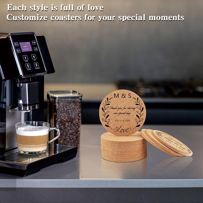 Custom Coasters Personalized Cork Coasters Bulk with Logo Wedding Personalized Cork Natural Wood Engraved Drink for Wedding Favors (Cork Coasters - Circle)