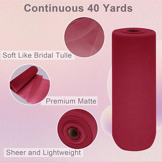 Deep Red Tulle Fabric Roll Spool Bolt (54 Inch by 40 Yards) Large Tulle Wedding Party Decoration, Tutu Skirt, Table Runner, Gift Wrapping, Bridal Shower, Soft & Drape (Burgundy)