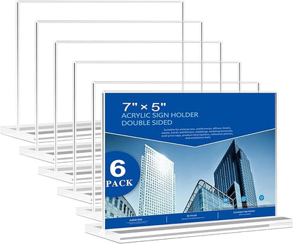 Acrylic Sign Holder 7x5, 6 Pack Clear Double Sided Table Sign Holder Horizontal Picture Frame Desktop Display Stand Plastic Paper Holder Table Tent Suitable for Restaurants Office Store Show Fair