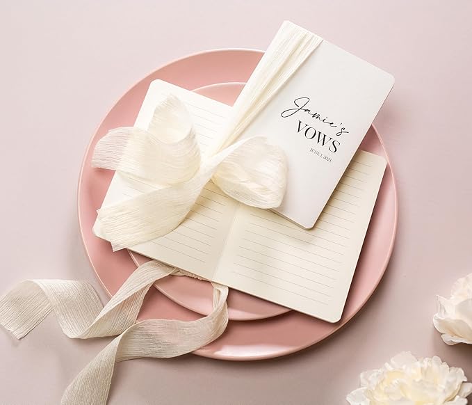 Modern Album Designs Set of Custom Slim White Vow Books w/Ribbon (Set of 2) - 5.625 x 4 Minimalist Pocket Sized Romantic Wedding Ceremony Vow Renewal Speech Notebook Journal