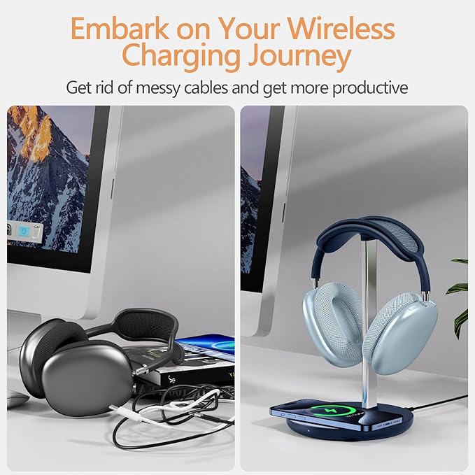 Headphone Stand with Wireless Charger, Gaming Headset Holder Hanger Rack 2 in 1 Wireless Charging Station Dock for iPhone 15/14/13/12/11 Series, Samsung, AirPods Pro/3/2, Aluminum Alloy Rod, Navy Blue